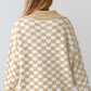 Apricot Checkered Buttons Collar V Neck Drop Shoulder Sweater