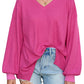 Bright Pink Waffle V Neck Long Sleeve Drop Shoulder Loose Blouse