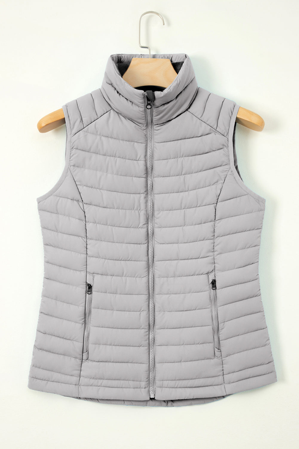 Silvery Plush Collared Quilted Zipped Puffer Vest