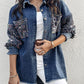 Turn down Collar Contrast Sequin Long Sleeve Fringe Hem Denim Jacket Casual Coat