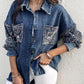 Turn down Collar Contrast Sequin Long Sleeve Fringe Hem Denim Jacket Casual Coat