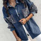 Turn down Collar Contrast Sequin Long Sleeve Fringe Hem Denim Jacket Casual Coat