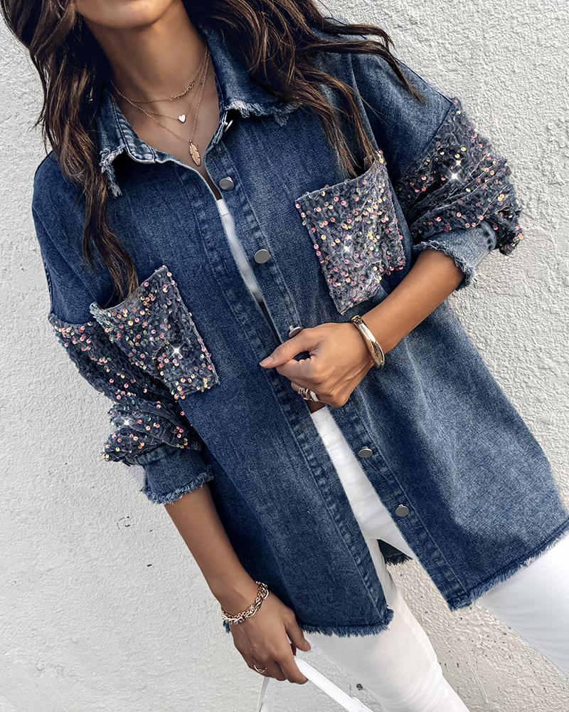 Turn down Collar Contrast Sequin Long Sleeve Fringe Hem Denim Jacket Casual Coat