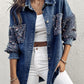 Turn down Collar Contrast Sequin Long Sleeve Fringe Hem Denim Jacket Casual Coat