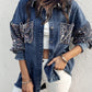 Turn down Collar Contrast Sequin Long Sleeve Fringe Hem Denim Jacket Casual Coat