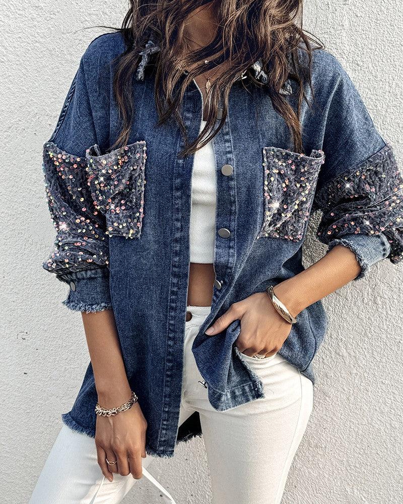 Turn down Collar Contrast Sequin Long Sleeve Fringe Hem Denim Jacket Casual Coat