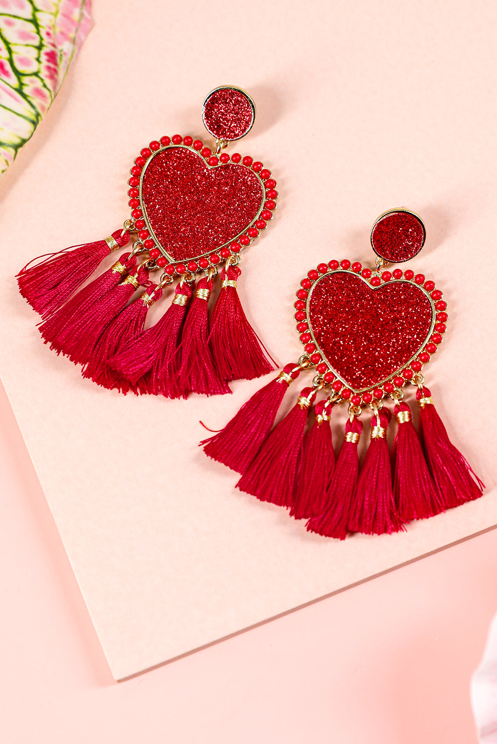 Racing Red Heart Shape Tasseled Dangle Earrings