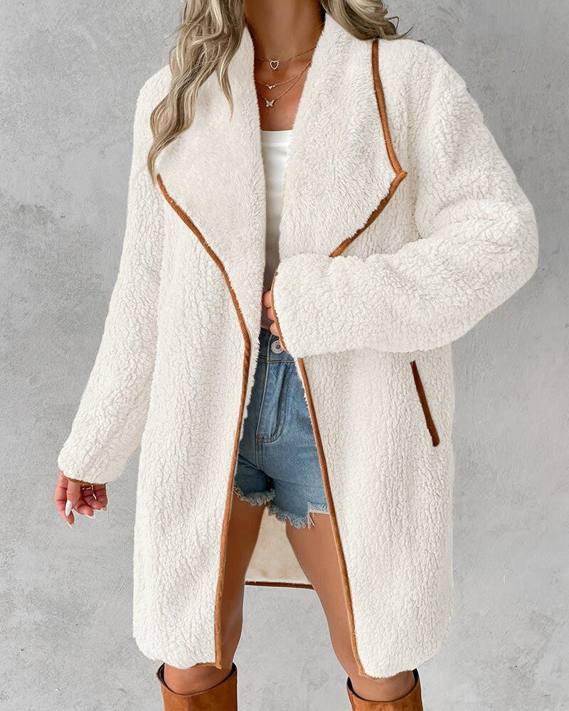 Contrast Binding Lapel Teddy Coat Open Front Longline Winter Outwear Jackets with Pockets