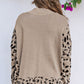 Khaki Sequin Turkey Leopard Mixed Pattern High Neck Sweater with Slits