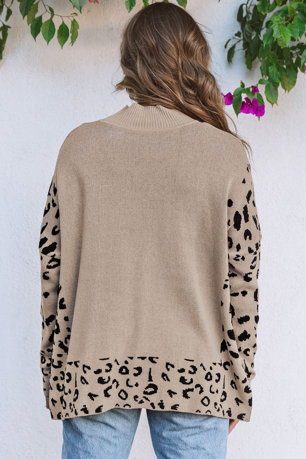 Khaki Sequin Turkey Leopard Mixed Pattern High Neck Sweater with Slits