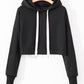 Black Solid Drop Shoulder Drawstring Cropped Hoodie