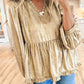 Gold Metallic Frilled V Neck Puff Sleeve Babydoll Blouse