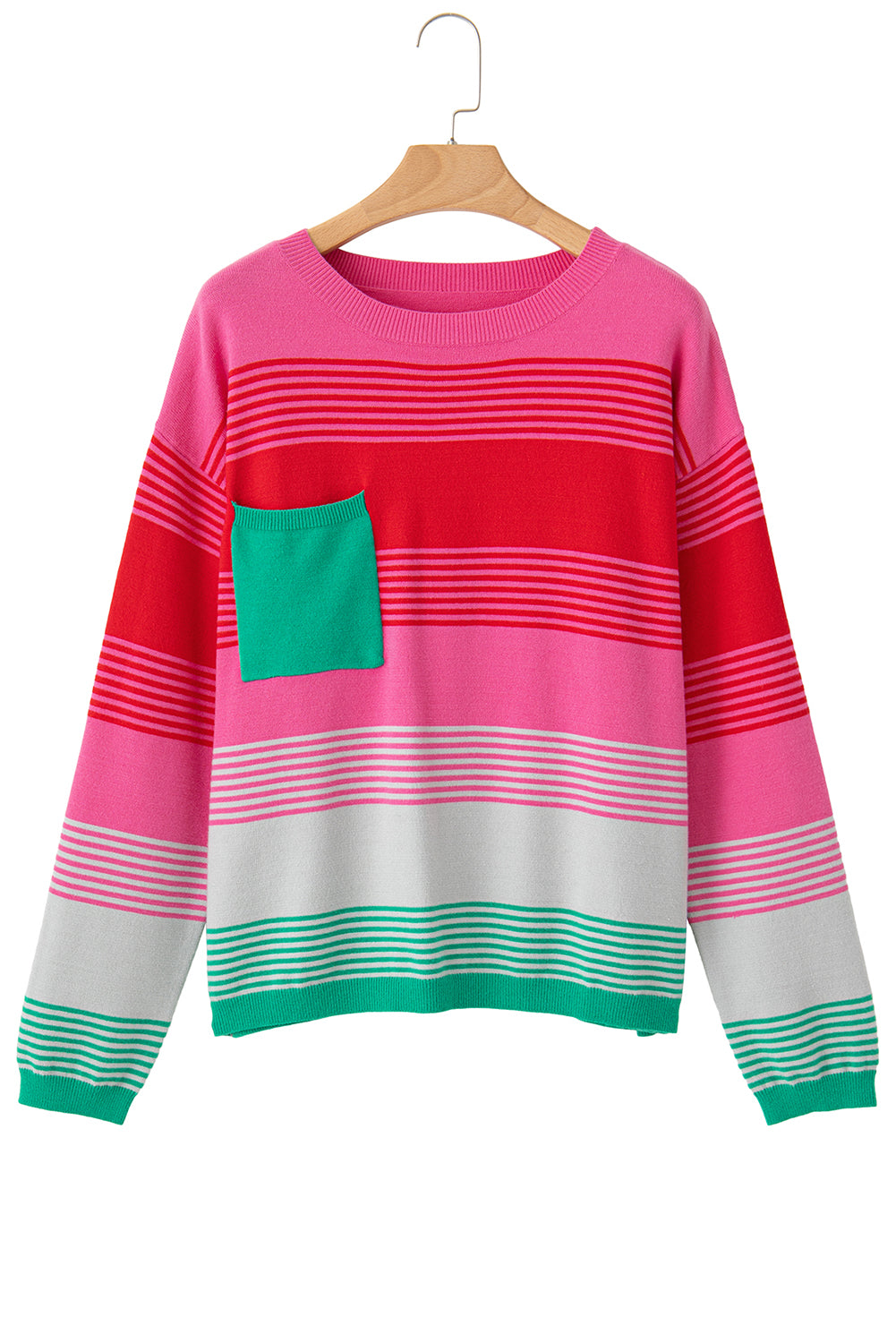 Rose Striped Knit Patch Pocket Drop Shoulder Sweater