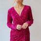 Pitaya Pink Velvet Sequin Long Sleeve V Neck Wrapped Mini Dress