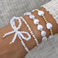 White Bow Knot Heart Shape Faux Pearl Beaded Bracelet Set