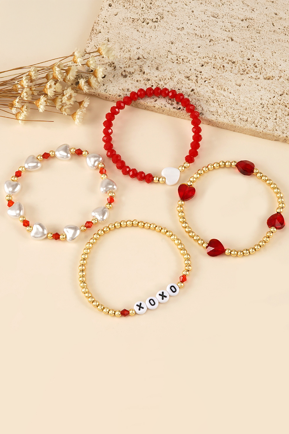 Fiery Red XOXO Heart Beaded 4pcs Layered Bracelet