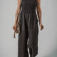 Black Spaghetti Straps Shirred Bodice Pocketed Wide Leg Jumpsuit