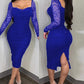 Long Sleeve Low Cut Slit Bodycon Lace Dress