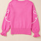 Bright Pink Corded Flower Bow Ribbed Trim Casual Sweater