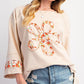 Beige Plus Size Flower Patched Side Slits Crewneck Top