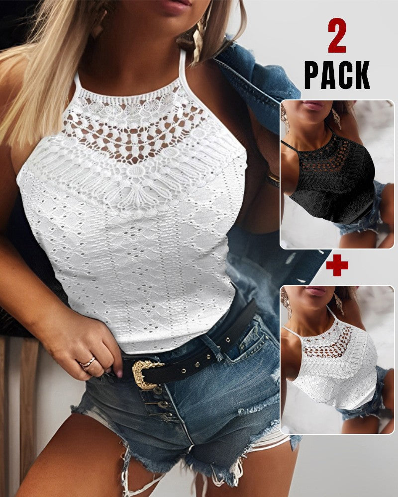 2 Pieces Halter Lace Up Water Soluble Lace Trim Sleeveless Tank Jacquard Casual Slim Fit Knit Top