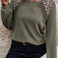 Moss Green Leopard Print Crochet Patchwork Rib Textured Knit Top