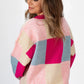 Rose Red Color Block Drop Shoulder Crewneck Loose Fit Sweater