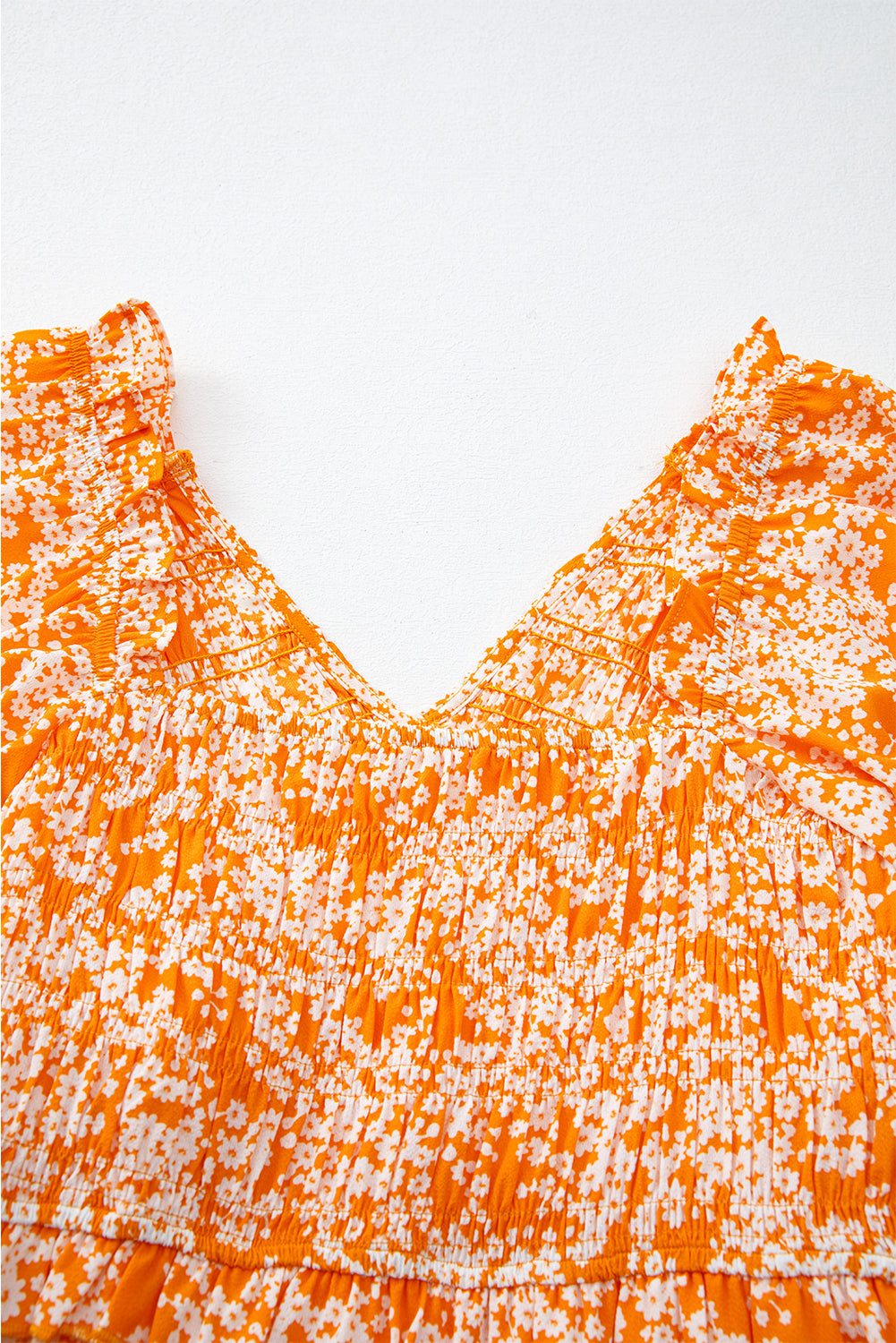 Orange Floral Print Smocked V Neck Wide Sleeve Maxi Dress