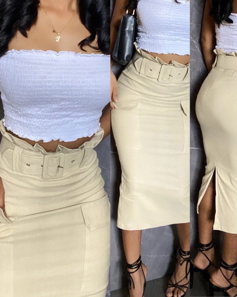 High Waist Mid Calf Belted Cargo Skirt Casual Pocket Design Ruffles Hem Skirt