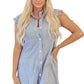 Blue Stripe Frilled Sleeveless Collar Front Pocket Button Up Mini Dress