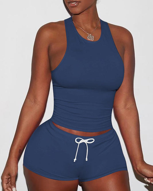 O neck Racer Back Top & Drawstring Shorts Set