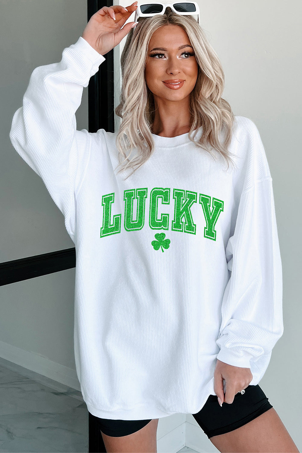 White St. Patricks LUCKY Graphic Corded Sweatshirt