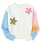 Multicolour Floral Embroidered Colorblock Fuzzy Drop Shoulder Sweater