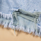 Light Blue Acid Wash Crossed Raw Edge Denim Shorts