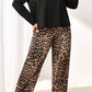 Black Leopard Patched Pocket Long Sleeve Top Plus Size Pants Set