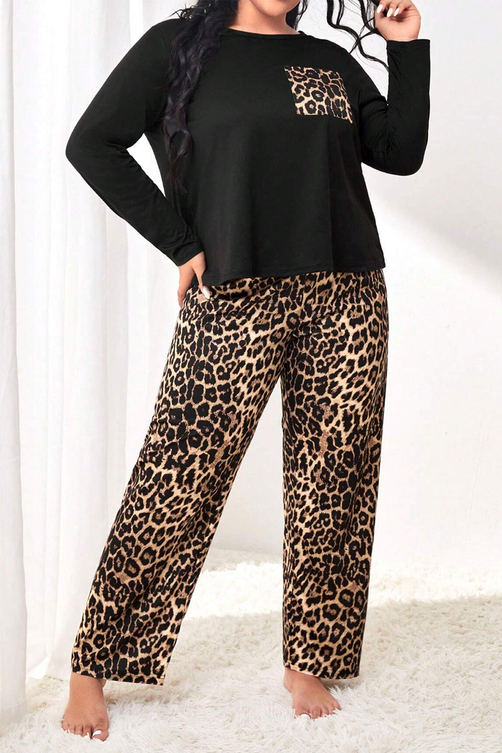 Black Leopard Patched Pocket Long Sleeve Top Plus Size Pants Set