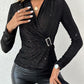 Rhinestone V Neck Skinny Sweater Front Buckle Ruched Casual Top