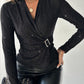 Rhinestone V Neck Skinny Sweater Front Buckle Ruched Casual Top