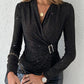 Rhinestone V Neck Skinny Sweater Front Buckle Ruched Casual Top