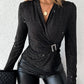 Rhinestone V Neck Skinny Sweater Front Buckle Ruched Casual Top