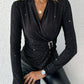 Rhinestone V Neck Skinny Sweater Front Buckle Ruched Casual Top