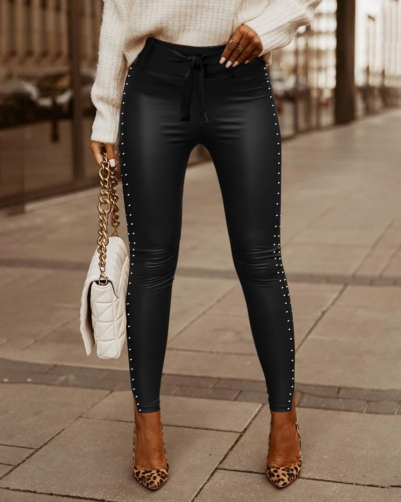 Studded Tied Detail PU Leather Slim Fit Side Sllit High Waist Pants Elegant Pants