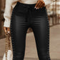 Studded Tied Detail PU Leather Slim Fit Side Sllit High Waist Pants Elegant Pants