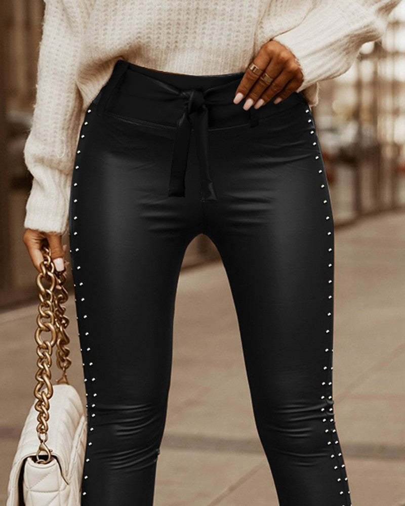 Studded Tied Detail PU Leather Slim Fit Side Sllit High Waist Pants Elegant Pants