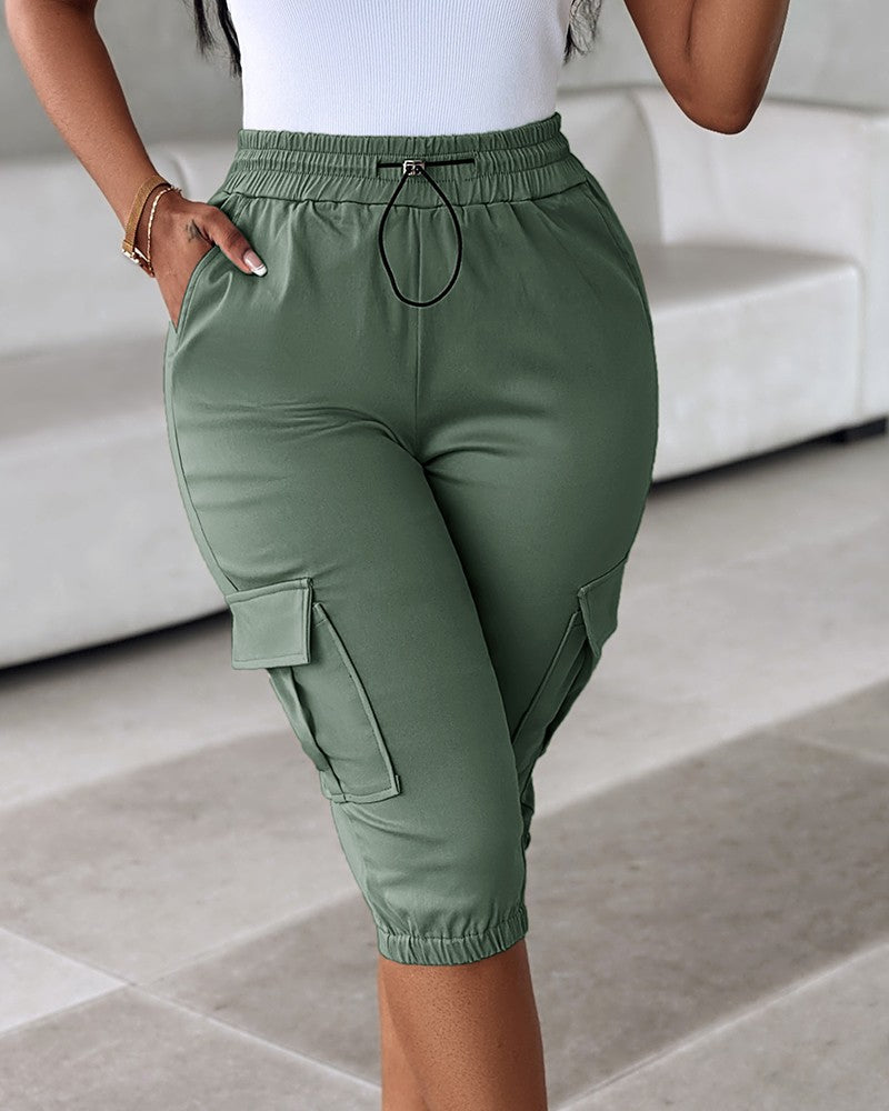 Side Pockets Drawstring Waist Cropped Cargo Pants