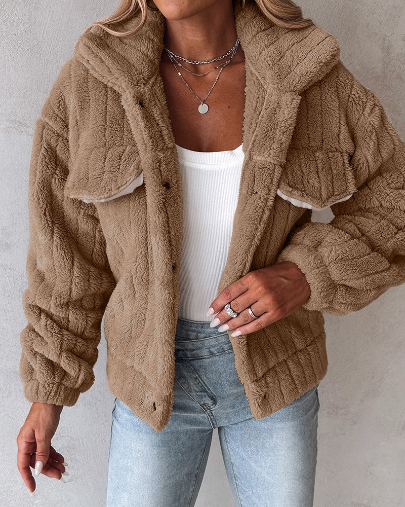 Turn down Collar Buttoned Teddy Jacket