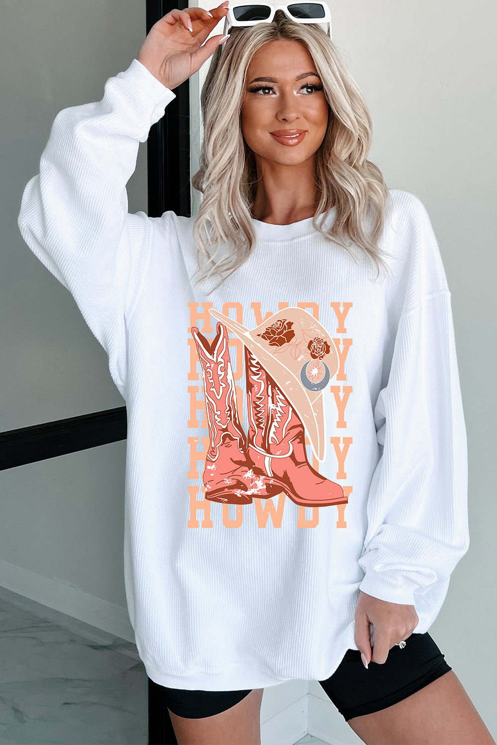 White Cowgirl Boots Hat HOWDY Graphic Corded Sweatshirt