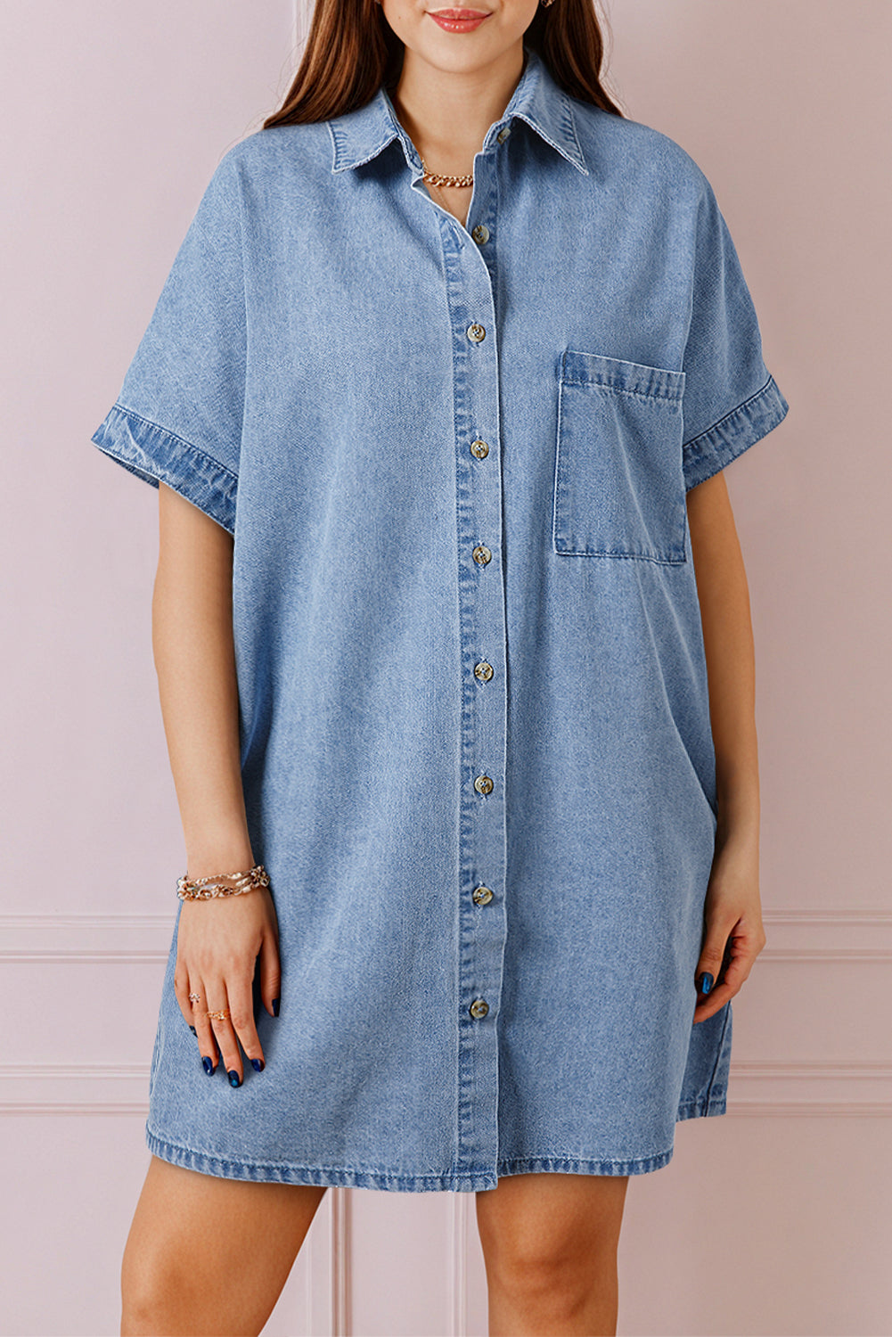 Dusk Blue Short Sleeve Pocketed Button up Denim Tunic Dress