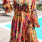 Pink Plant Print Flared Sleeve Ruffled Hem Tunic High Waist Flowy Dress