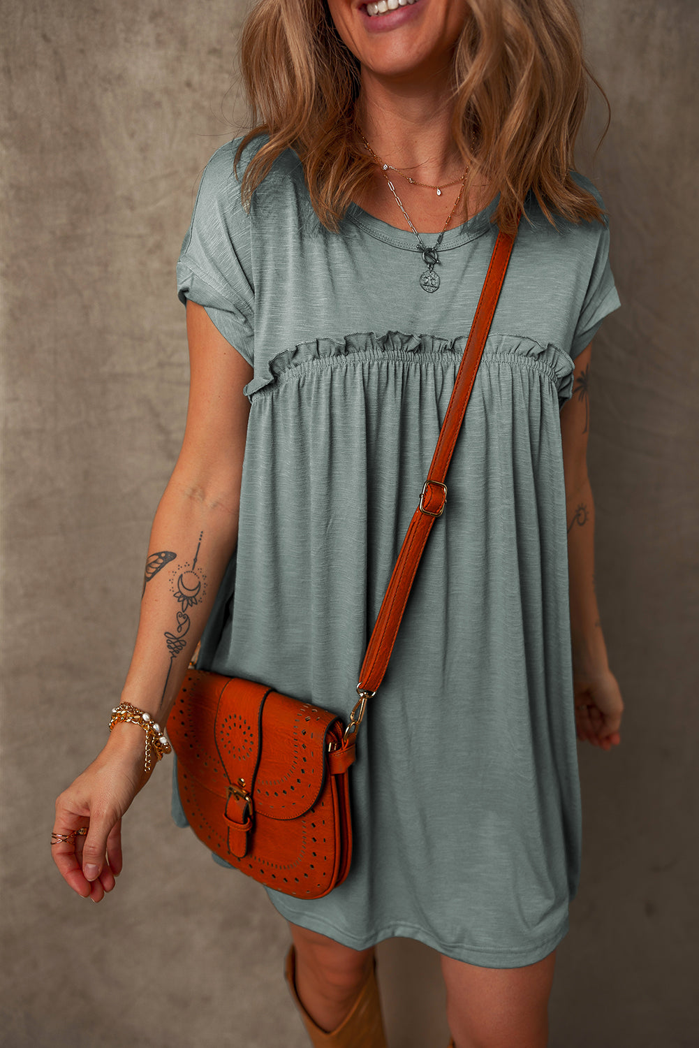 Mist Green Frilled Gathered Seam Round Neck T Shirt Dress